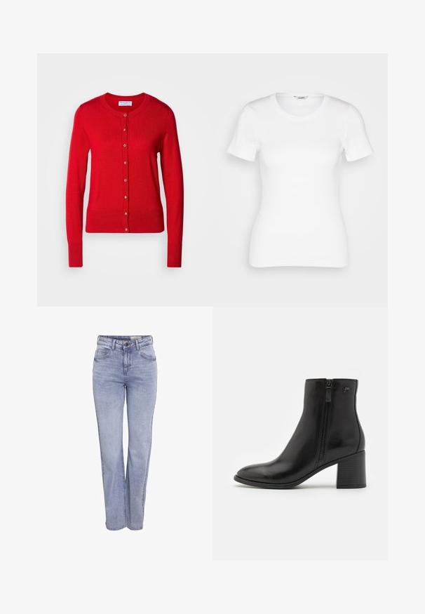 Cardigan en tricot rouge avec un col rond, fermeture à boutons sur le devant et poignets côtelés. Caractérisé par une texture lisse et des accents de boutons métalliques.; T-shirt en coton blanc avec des manches courtes, un col rond et une texture côtelée. Design ajusté avec une finition lisse et nette.; Jean droit bleu clair en denim, doté d'une fermeture à bouton, de cinq poches et d'une décoloration subtile sur le devant et à l'arrière.; Bottines noires en cuir lisse avec une fermeture éclair sur le côté. Présentent un bout pointu et un talon bloc texturé pour plus de stabilité.
