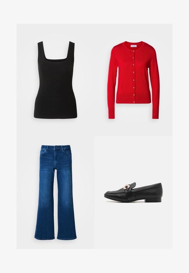 Cardigan en tricot rouge avec un col rond, fermeture à boutons sur le devant et poignets côtelés. Caractérisé par une texture lisse et des accents de boutons métalliques.; Débardeur sans manches noir avec un décolleté carré, fabriqué en tissu lisse ; design ajusté sans motifs ni accents en métal.; Jean en denim bleu à jambe large avec taille haute, doté de cinq poches, fermeture à bouton et à zip, et d'une texture lisse et uniforme.; Mocassin en cuir noir avec un talon bas, présentant une sangle embellie en ton doré sur le dessus et un design lisse et épuré.