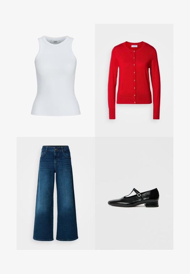 Rød strikket cardigan med rund halsudskæring, knaplukning foran og ribbede manchetter. Har en glat tekstur og metalliske knapdetaljer.; Hvid ribbet tanktop med en rund udskæring og ærmeløst design. Har en slim fit og blød tekstur, velegnet til lagpåsætning.; Viddejeans lavet af mørkeblå denim. Har høj talje, knaplukning og klassisk fem-lomme design med subtile falme.; Sorte Mary Jane-sko i læder med spids tå, lille blokhæl og justerbar rem med sølvspænde. Glat, blank tekstur.