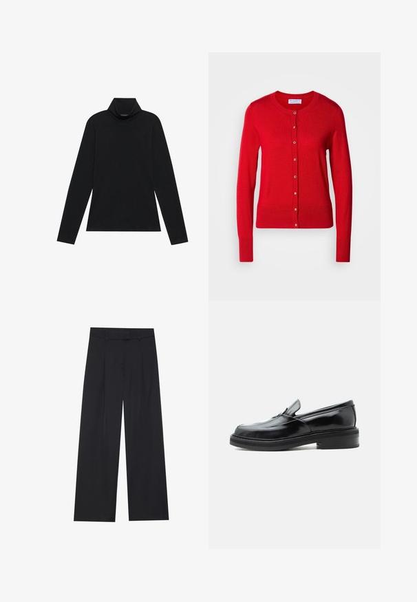 Rode gebreide cardigan met een ronde halslijn, knoopsluiting aan de voorkant en geribde manchetten. Beschikt over een gladde textuur en metalen knoopaccenten.; Zwarte langetermijn turtleneck. Zachte stof, getailleerd design, hoge kraag en zijnaad. Eenvoudige en veelzijdige stijl die geschikt is voor het laagjes dragen.; Zwarte wijde broek met een gladde textuur, voorzien van twee voorplooien, een tailleband en zonder zichtbare hardware of zakken.; Zwarte leren instaploafer met een lage hak en een afgeronde vierkante neus, zijaanzicht op een effen witte achtergrond.