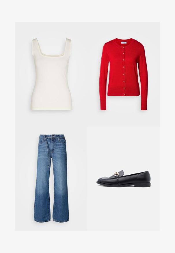 Cardigan en tricot rouge avec un col rond, fermeture à boutons sur le devant et poignets côtelés. Caractérisé par une texture lisse et des accents de boutons métalliques.; Débardeur couleur crème avec un décolleté carré, des bretelles fines et une silhouette ajustée. Fabriqué en tissu doux et extensible. Pas de motifs ni d'accents.; Jean large bleu clair en denim. Présente une taille haute, des coutures visibles et une ceinture à nouer. Texture décolorée vers le bas.; Mocassin en cuir noir avec talon bas et détail de chaîne dorée sur le dessus, vu de côté sur un fond uni clair.