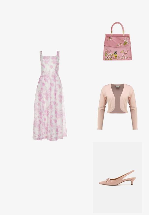 Afskåret cardigan i blød lyserød strik, med dyb V-hals og lange ærmer, i en glat tekstur og let design.; Maxi-kjole med blomstermønster, der har firkantet halsudskæring, tynde stropper og et blødt, let stof i pink og hvide nuancer.; Patenteret pink slingback hæle med spids tå, sløjfedetalje foran og lav kittenhæl. Glat tekstur med en blank finish.; Lyserød ruskinds håndtaske med blomsterbroderi, der har fugle og sommerfugle. Guldfarvet hardware og rund top-håndtag. Elegant klaplukning.