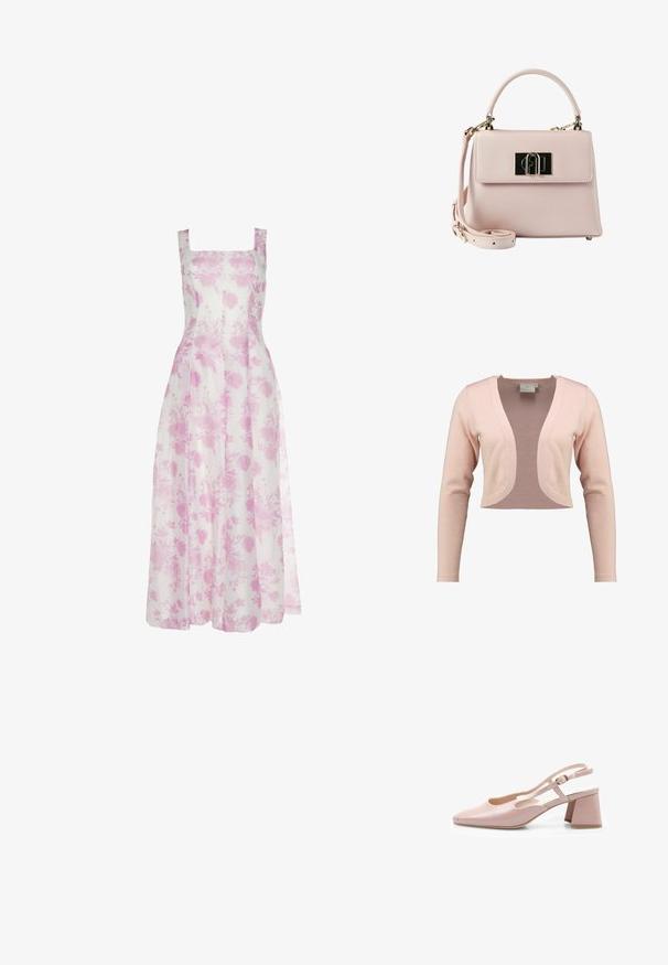 Cárdigan recortado en suave punto rosa claro, con un escote en V profundo y mangas largas, con una textura suave y un diseño ligero.; Vestido largo con estampado floral que presenta un escote cuadrado, tirantes finos y un tejido suave y ligero en tonos rosa y blanco.; Zapato de charol rosa con talón abierto, punta cuadrada, correa ajustable y tacón cuadrado. Superficie suave y diseño minimalista.; Bolso pequeño de cuero rosa claro con asa superior, correa de hombro desmontable y cierre rectangular dorado en la solapa delantera.