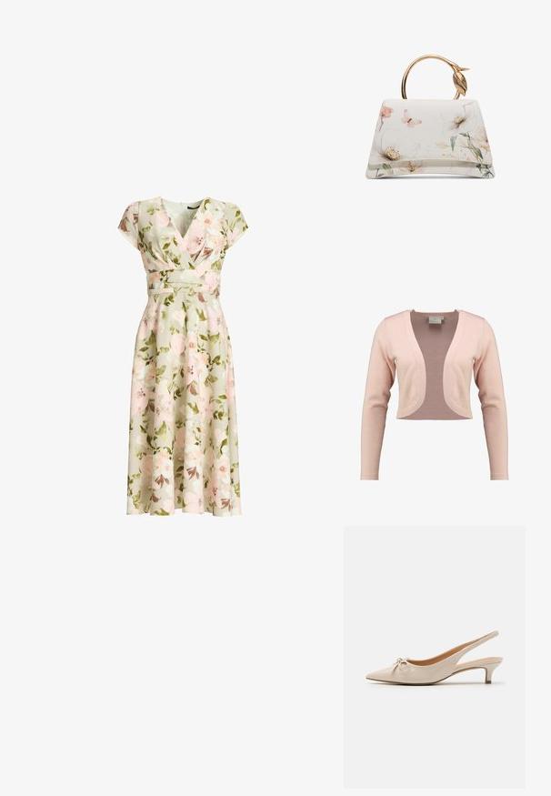 Cárdigan recortado en suave punto rosa claro, con un escote en V profundo y mangas largas, con una textura suave y un diseño ligero.; Vestido cruzado verde con estampado floral, mangas tipo capa, cintura ajustada y falda midi en línea A con flores rosas y blancas y hojas verdes.; Tacones slingback de charol beige con puntera afilada y un lazo decorativo en el empeine. Incluyen un tacón bajo y estilizado con una textura suave.; Bolso blanco con estampado floral y de mariposas, forma trapezoidal, y asa redonda dorada con detalle de hoja.