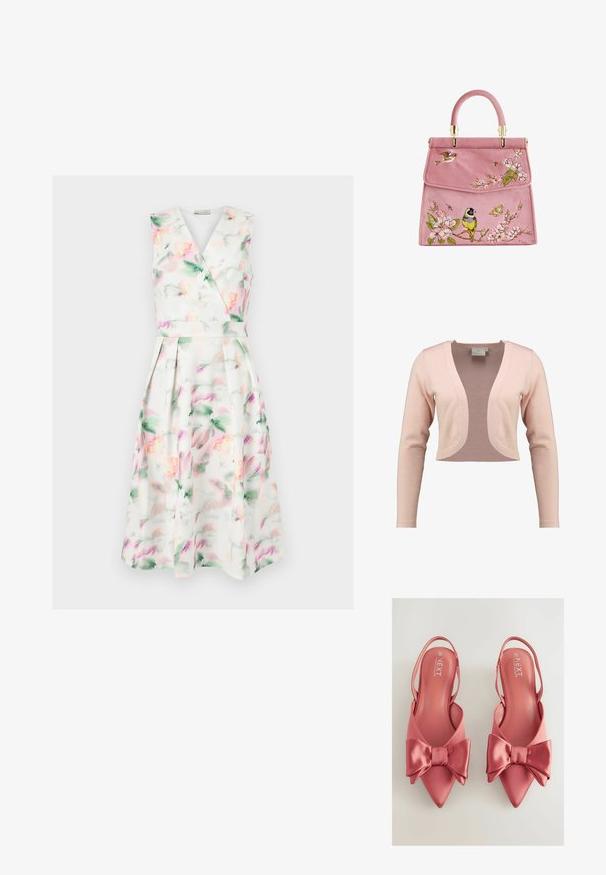 Cardigan court en tricot rose doux, présentant un décolleté en V profond et des manches longues, avec une texture lisse et un design léger.; Robe midi blanche sans manches avec imprimé floral aquarelle pastel, corsage cache-cœur en V, taille cintrée et jupe plissée.; Chaussures à talons rose satinées avec un bout pointu et un grand nœud sur le devant. Texture lisse et design à talon ouvert.; Sac à main en daim rose avec broderie florale, ornée d'oiseaux et de papillons. Quincaillerie dorée et anse arrondie. Fermeture élégante avec rabat.