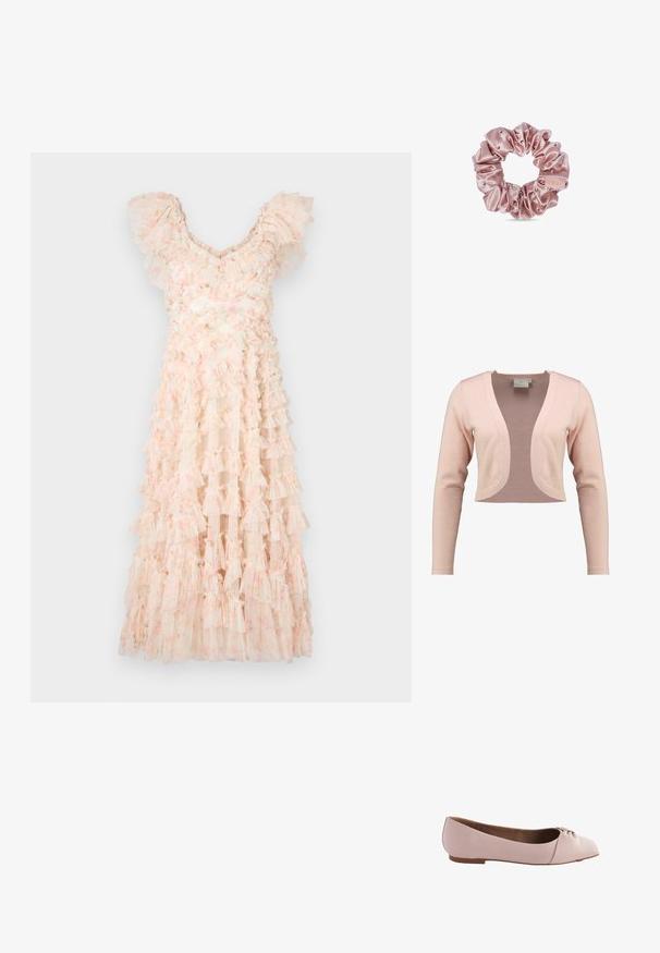 Gekürzter Cardigan aus weichem, rosa Strick, mit tiefem V-Ausschnitt und langen Ärmeln, glatter Textur und leichtem Design.; Needle & Thread DITSY LOLA BACKLESS BALLERINA DRESS - Cocktailkleid/festliches Kleid - moonshine pink; Helle rosa Ballerinas aus glattem Material, mit runder Zehenpartie und einem kleinen geknoteten Detail an der Oberseite. Flache Sohle.; Rosa Satin-Haargummi mit kleinen dekorativen Perlen und einem kleinen Stoffetikett auf weißem Hintergrund.