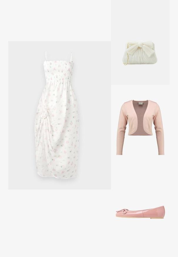 Cardigan court en tricot rose doux, présentant un décolleté en V profond et des manches longues, avec une texture lisse et un design léger.; Robe blanche avec un corsage smocké, fines bretelles et motif floral rose. Présente un tissu froncé avec un détail de nœud sur le côté et une fente.; Ballerines en cuir verni rose avec un bout arrondi, détail en corde à l'avant et semelle en caoutchouc beige. Fini lisse et brillant sur l'ensemble.; Sac à main plissé blanc avec un nœud proéminent et une chaîne dorée. Texture douce avec un design froncé à l'avant.
