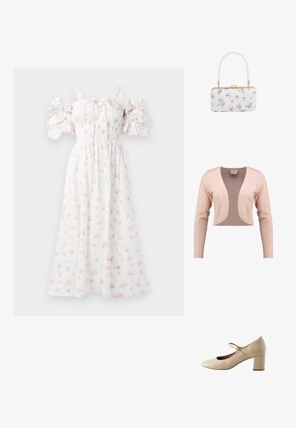 Afskåret cardigan i blød lyserød strik, med dyb V-hals og lange ærmer, i en glat tekstur og let design.; Hvid blomsterkjole med pink rosetter, smocket liv, skulderfri puffærmer og en svævende silhuet.; Beige laklæder Mary Jane-sko med rund tå, spænde og lav blokhæl.; Hvid rektangulær clutch med blåt blomsterprint og perlebehandlet håndtag med guldfarvet hardware og lås.