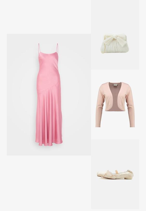 Cardigan court en tricot rose doux, présentant un décolleté en V profond et des manches longues, avec une texture lisse et un design léger.; Robe maxi en satin rose avec de fines bretelles spaghetti, une légère brillance et un détail de couture en diagonale à l'avant, descendant vers un ourlet évasé.; Ballerine en tissu doux beige avec un petit talon, un dos élastique, un détail de nœud sur l'orteil et une sangle élastique pêche traversant le cou-de-pied.; Sac à main plissé blanc avec un nœud proéminent et une chaîne dorée. Texture douce avec un design froncé à l'avant.