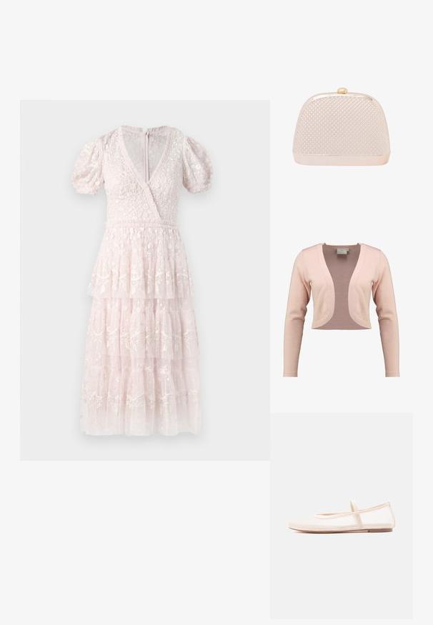Geknipt vest in zachte roze brei, met een diepe V-hals en lange mouwen, met een gladde textuur en lichtgewicht ontwerp.; Roze, gelaagde jurk met puffmouwen, V-hals en complexe bloemenborduursels. Gemaakt van een textuurrijke, lichte stof. Ritssluiting aan de achterkant.; Ballerina's met een doorschijnend beige mesh bovenwerk en een satijnen bandje, voorzien van een ronde neus en een lage bruine zool. Lichtgewicht en flexibel ontwerp.; Metalen clutchtas met een afgeronde bovenkant, heeft een gestructureerd roze gaasontwerp en een gouden sluiting. Gladde afwerking met een stevige basis.
