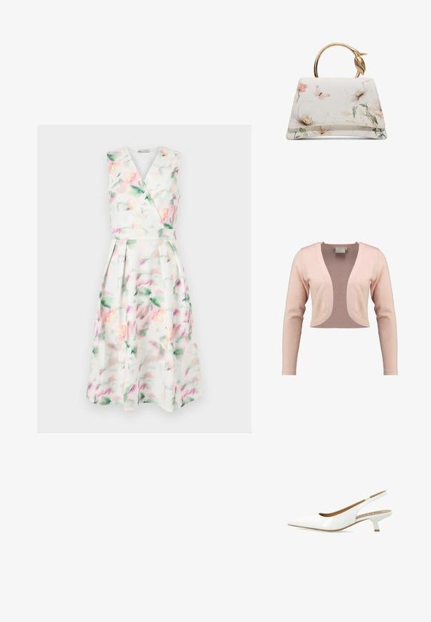 Cardigan court en tricot rose doux, présentant un décolleté en V profond et des manches longues, avec une texture lisse et un design léger.; Robe midi blanche sans manches avec imprimé floral aquarelle pastel, corsage cache-cœur en V, taille cintrée et jupe plissée.; Escarpin en cuir verni blanc avec un bout pointu, doté d'un petit talon carré et d'un détail découpé à l'arrière. Texture lisse.; Sac à main blanc avec imprimé floral et papillons, forme trapézoïdale, et poignée ronde dorée avec détail feuille.