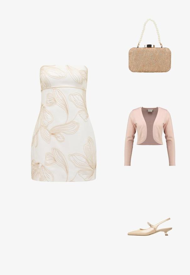 Cárdigan recortado en suave punto rosa claro, con un escote en V profundo y mangas largas, con una textura suave y un diseño ligero.; Vestido sin tirantes en crema con patrones florales en relieve en beis claro. Diseño ajustado, textura suave, corte a la altura de la rodilla y sin cierres visibles.; Zapato slingback de charol beige con punta afilada, correa ajustable en el tobillo y tacón bajo de bloque con forma geométrica.; Clutch rectangular dorada con patrón de encaje floral, detalles con purpurina y un asa hecha de grandes perlas blancas.