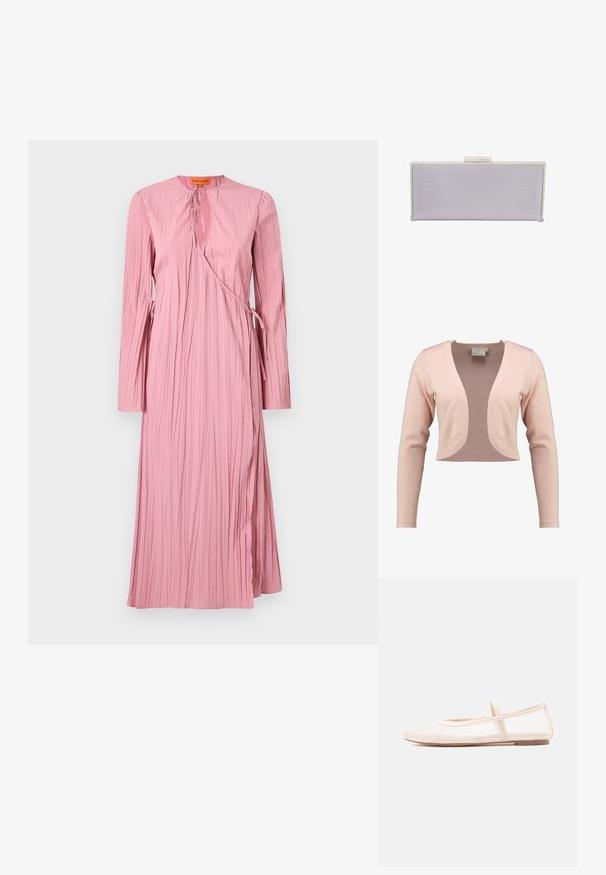 Afskåret cardigan i blød lyserød strik, med dyb V-hals og lange ærmer, i en glat tekstur og let design.; Langærmet, pink kjole med et textured, plisseret design, udskåret hals og justerbare bånd i taljen for en indpakningsstil.; Ballerinasko med en gennemsigtig beige mesh-overdel og en satinrem, der har en rundet tå og en lav brun sål. Let og fleksibelt design.; Rektangulær lavendel clutch lavet af tekstureret materiale med glatte kanter. Har en sølv spænde lukning på toppen.