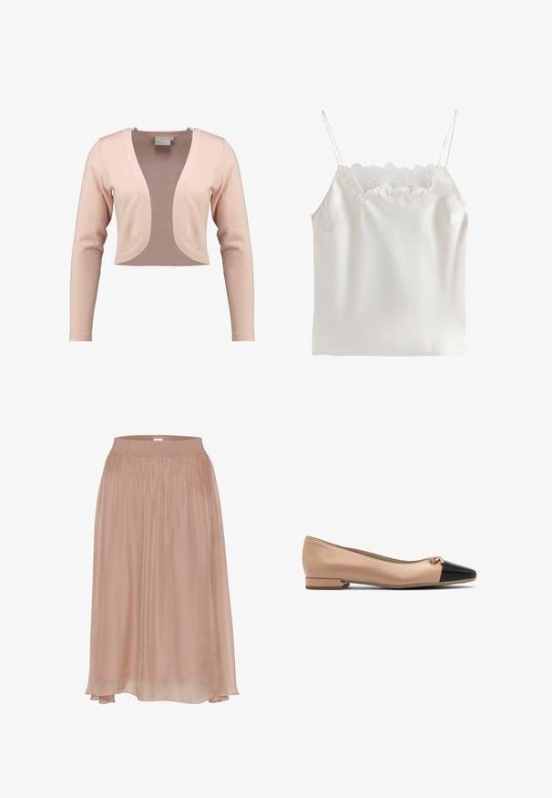Cárdigan recortado en suave punto rosa claro, con un escote en V profundo y mangas largas, con una textura suave y un diseño ligero.; Camisola de satén blanca con tirantes finos y encaje floral a lo largo del escote cuadrado.; Falda de un rosa claro, fluida, hecha de una tela suave con una cintura elástica. Presenta un corte recto y un dobladillo trasero ligeramente más largo.; Bailarina de cuero beige con puntera negra y pequeño lazo en la parte delantera, con un tacón bajo para mayor comodidad.