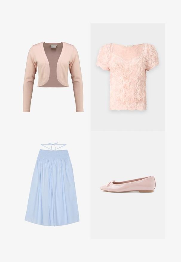 Afskåret cardigan i blød lyserød strik, med dyb V-hals og lange ærmer, i en glat tekstur og let design.; Lyserød kortærmet bluse med 3D blomstermønster af roser og en rundet V-udskæring på ensfarvet baggrund.; Lyseblå bomuldsnederdel med smocket talje, flydende silhuet, brede folder og tynde bindebånd i ryggen for justerbar pasform.; Rosa lakballetsko med spids tå og en dekorativ sløjfe foran. Har en flad sål og sømløst design.
