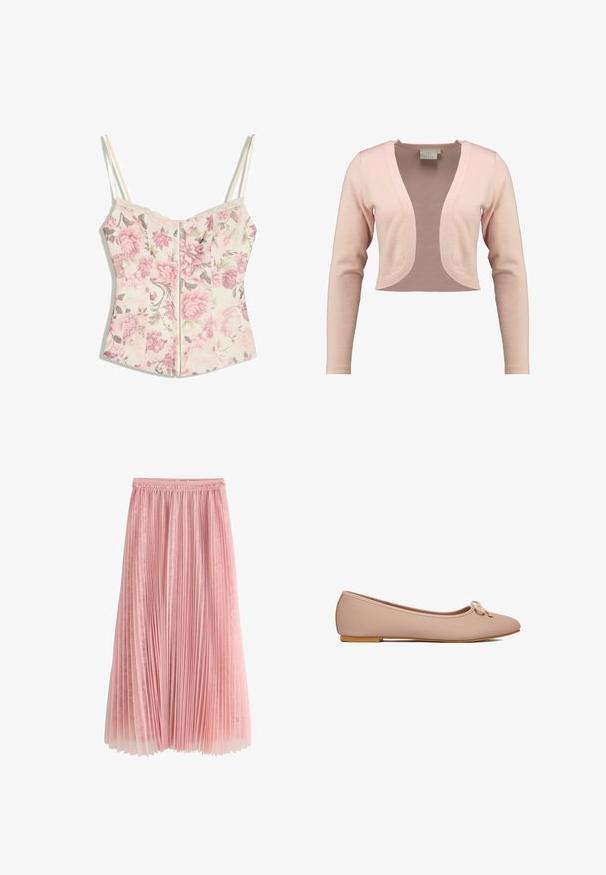 Geknipt vest in zachte roze brei, met een diepe V-hals en lange mouwen, met een gladde textuur en lichtgewicht ontwerp.; Bloemen corsetstijl top met roze bloemen en groene bladeren op crèmekleurige achtergrond, dunne crèmekleurige bandjes en kanten rand langs de halslijn.; Roze geplooide midi-rok met een kanten onderlaag en een geplooide tailleband, getoond op een witte achtergrond.; Beige textuur ballerinaschoen met afgeronde neus, kleine strik bovenop en platte lichtbruine zool, zijaanzicht.