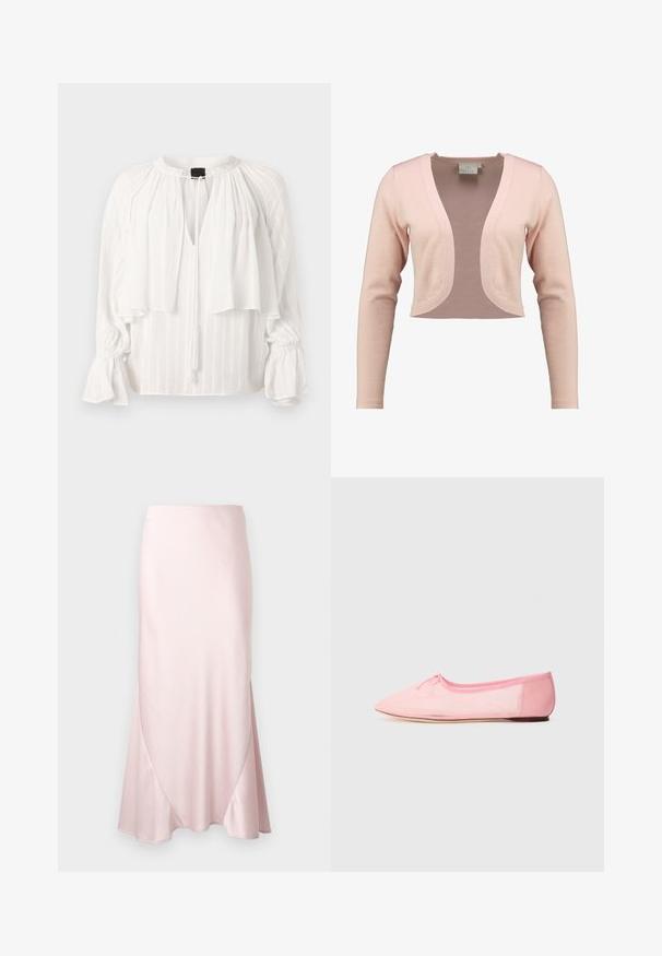 Afskåret cardigan i blød lyserød strik, med dyb V-hals og lange ærmer, i en glat tekstur og let design.; Hvid bluse med plisseret design, V-udskæring og lagdelt front. Har lange, puffede ærmer med sammensnørede manchetter og en frynset snøredetalje.; Lyserød satin midi-nederdel med A-formet silhuet og fine diagonale sømdetaljer på en ensfarvet baggrund.; Lyserød balletflad med blødt stof, præget af spidse tå og en lille sløjfedetalje på overdelen, samt en lav og fleksibel sål.