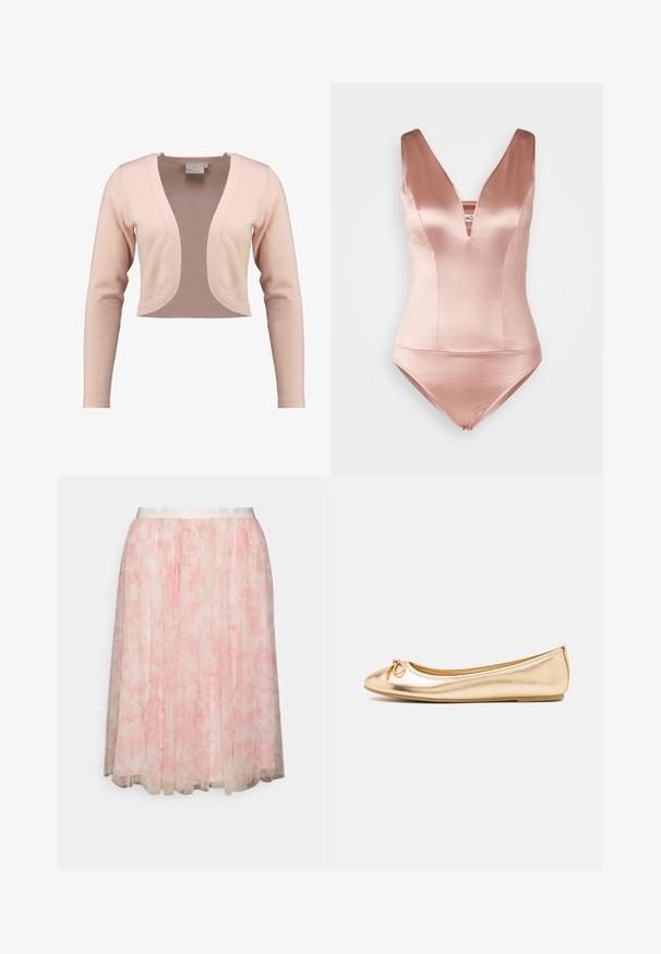 Cardigan court en tricot rose doux, présentant un décolleté en V profond et des manches longues, avec une texture lisse et un design léger.; Maillot de bain en satin rose avec un décolleté en V profond et de larges bretelles. Comprend un corsage ajusté et une culotte courte. Texture lisse.; Needle & Thread EXCLUSIVE FLEUR SKIRT - Jupe trapèze - moonshine pink; Ballerines métalliques dorées avec un bout arrondi, petit nœud décoratif à l'avant, surface lisse et semelle en caoutchouc flexible.