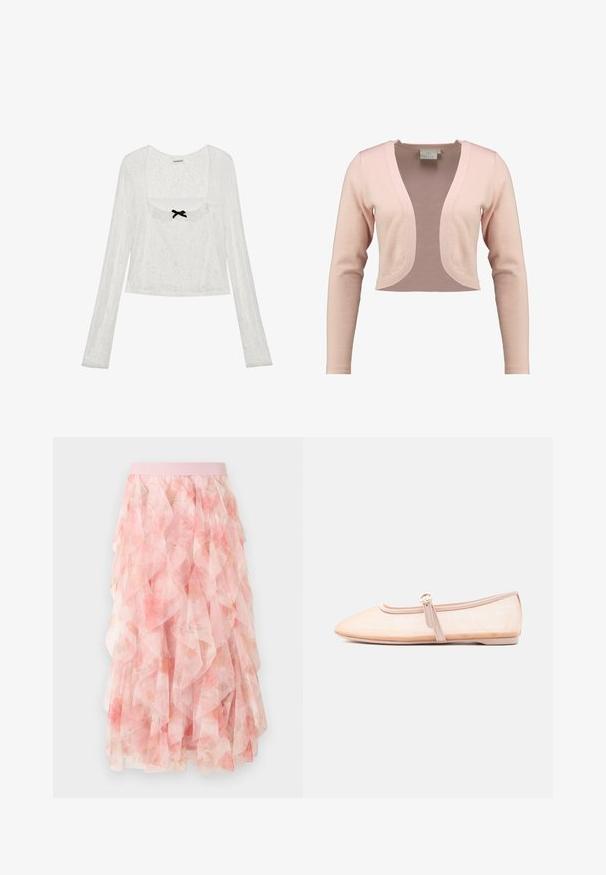 Cardigan court en tricot rose doux, présentant un décolleté en V profond et des manches longues, avec une texture lisse et un design léger.; Blouse blanche à manches longues en dentelle avec décolleté carré, bordure à volants et petit nœud noir au centre avant.; Jupe midi en tulle rose à couches avec motif floral et taille élastique, présentant des textures douces et volantées.; Chaussure plate beige clair avec un bout pointu et une bride latérale avec boucle, présentée sur un fond blanc uni.