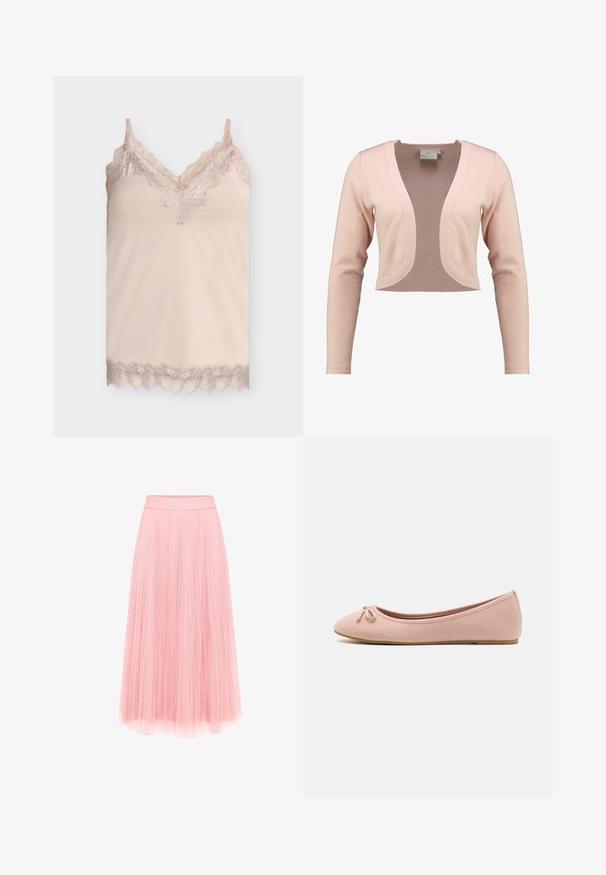 Cardigan court en tricot rose doux, présentant un décolleté en V profond et des manches longues, avec une texture lisse et un design léger.; Caraco en soie beige avec bordure en dentelle le long de l'encolure en V, des bretelles et de l'ourlet sur un fond gris clair uni.; zero MIT PLIESSENDEM BECHER - Jupe plissée - bridal rose; Des ballerines en suede rose doux avec un bout arrondi et un petit nœud sur le devant, dotées d'une semelle plate basse.