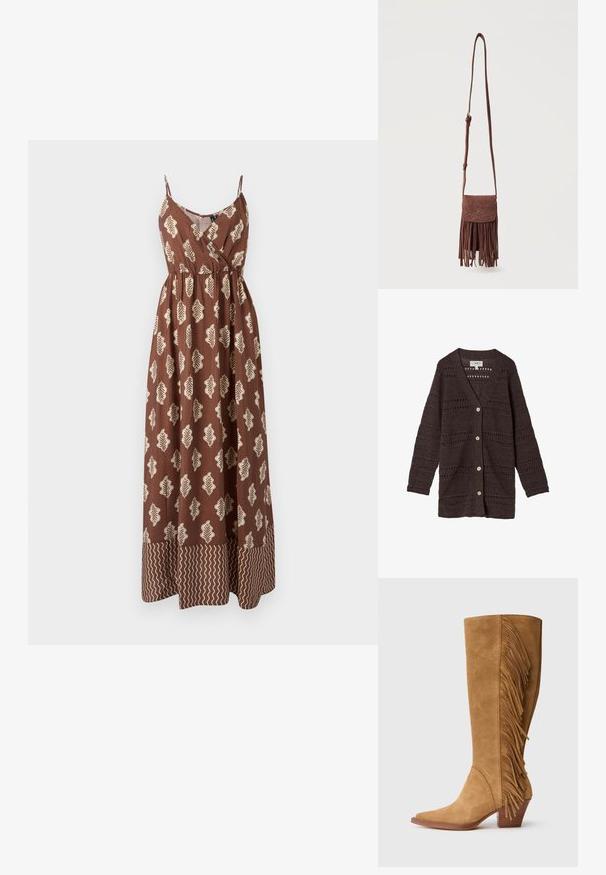 Cárdigan de punto marrón oscuro con mangas largas, escote en V, cuatro botones en la parte delantera y franjas de punto abierto con patrón.; Vestido maxi marrón con tirantes finos, que presenta patrones de hojas beige y un acento en zigzag en el dobladillo. Hecho de tela ligera.; Botas de ante en color marrón claro, de caña alta, con punta afilada, que presentan flecos verticales en el costado y un tacón de madera apilada.; Bolso bandolera de ante marrón con correa larga, patrón decorativo cosido en la solapa y flecos colgantes a lo largo del borde inferior.