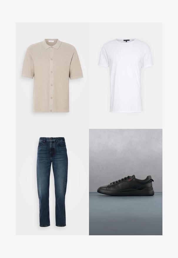 Beige kortærmet strikket cardigan med et struktureret mønster, knaplukning foran og ribbede kanter ved kraven og kanten. Har fem knapper i en matchende farve.; Hvid bomulds t-shirt med rund halsudskæring, korte ærmer og lige snit. Har en enkel, glat overflade uden yderligere mønstre.; Mørkeblå lige bukser med frontknap og lynlås, fem-lomme design og subtil fading på lår og knæ.; HUGO BLAKE - Sneakers - black