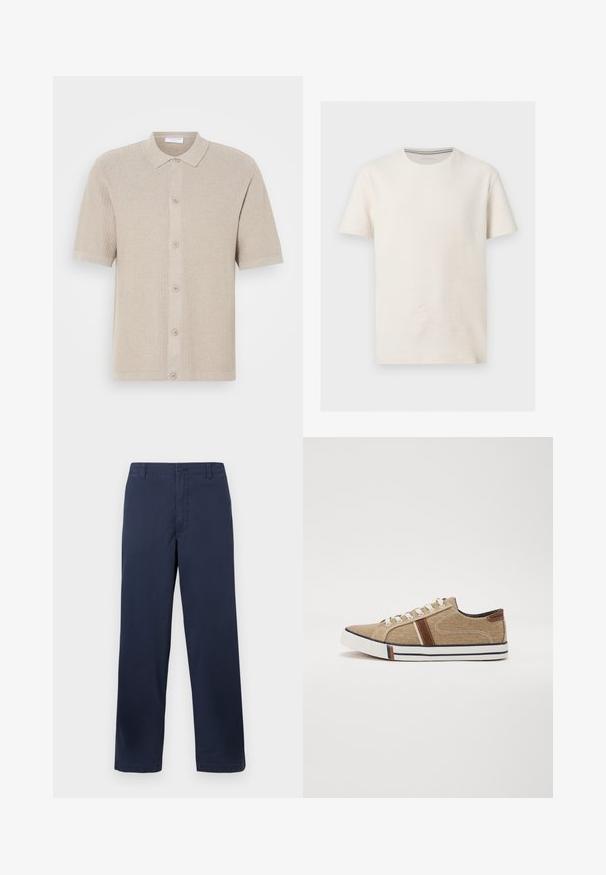 Beige kortærmet strikket cardigan med et struktureret mønster, knaplukning foran og ribbede kanter ved kraven og kanten. Har fem knapper i en matchende farve.; Kortærmet off-white tekstureret bomulds t-shirt med rund halsudskæring og diskret logo på venstre bryst, vist på grå baggrund.; Mørkeblå bomuldsbukser med lige ben-design, der har en frontlukning med knap, bæltestropper og en glat tekstur.; Beige lærredssko med brune læderdetaljer, hvid gummisål og kontraststriber på tåen. Flade snørebånd og glat tekstur.