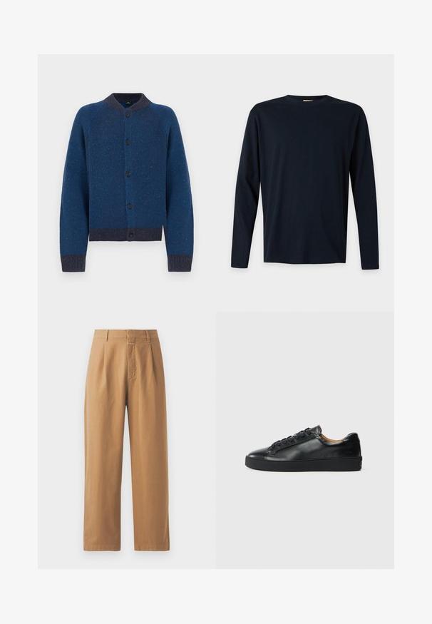 Strikket blå cardigan med et tekstureret mønster, rund halsudskæring og knaplukning. Har ribbede ærmegab og kant med mørkere blå accenter.; Simpel sort langærmet crewneck-shirt med almindelig pasform, vist på en hvid baggrund.; Brune, brede bukser lavet af glat stof. Har høj talje med folder, bæltestropper og en enkelt frontlomme.; Sorte lædersneakers med en glat overflade, rund tå og snørebåndslukning. Har en tyk gummisål og minimal branddetalje.
