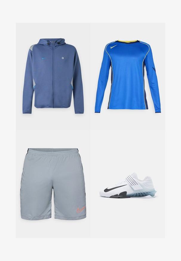 Sweat à capuche zippé bleu avec cordons réglables, petit logo Nike sur la poitrine gauche, et accents gris et bleus sur les épaules et les poches.; T-shirt de sport à manches longues en bleu vibrant, avec des accents jaunes et une texture en mesh sur les côtés. Logo Nike affiché sur la poitrine.; Shorts de sport gris clair avec des panneaux latéraux noirs, une taille élastique et un ourlet en maille texturée. Présente un logo Nike orange sur la jambe gauche.; Baskets blanches avec le swoosh noir de Nike, tige en maille, trois rayures noires et une semelle dégradée allant du bleu au transparent. Présente des accents renforcés.