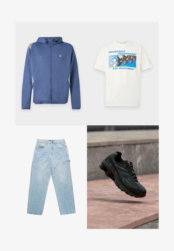 Blå hættetrøje med lynlås og hætte med justerbare snore, lille Nike-logo på venstre bryst og grå og blå accenter på skuldre og lommer.; Hvid T-shirt med grafik af fodboldstøvler, der sparker en blå og hvid Nike-fodbold, tekst "Friendship Tournament" og "Nike Sportswear."; Lysblå denim jeans med løs pasform, fem-lomme design og synlige sømme. Har et mærke på forlommen.; Sort atletisk sneaker med synligt luftdæmpende mellemsål, der svæver over en pink stenoverflade med en grå stenvæg i baggrunden.