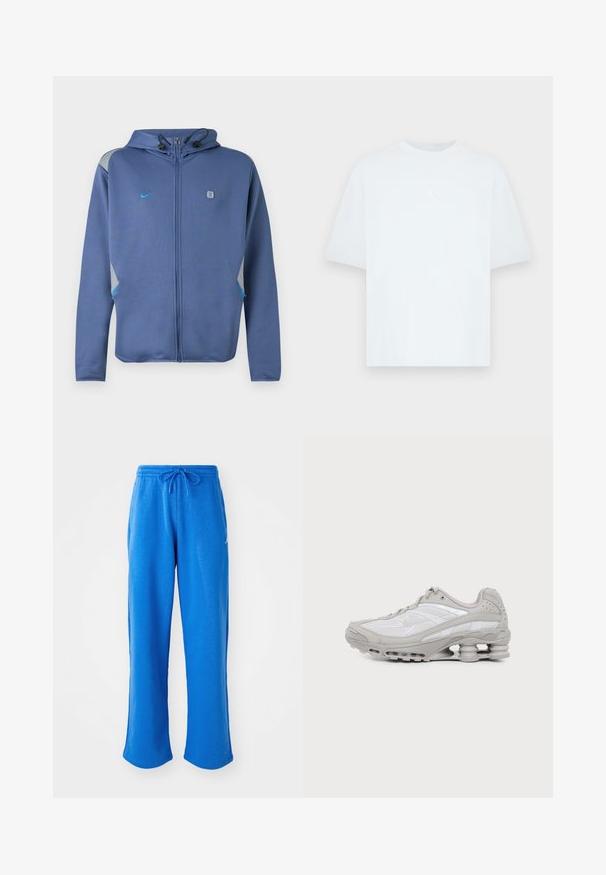 Blauer Zip-Up-Hoodie mit Kapuze und verstellbaren Kordeln, kleinem Nike-Logo auf der linken Brust sowie grauen und blauen Akzenten an Schultern und Taschen.; Hellblaues kurzärmliges T-Shirt aus Baumwolle mit rundem Ausschnitt. Verfügt über ein kleines weißes Jordan-Logo auf der Brust.; Jordan PANT - Jogginghose - sport blue/white; Grauer und weißer Sportschuh mit sichtbarer Luftpolstersohle und Mesh-Einsätzen, im Profil auf einfachem hellem Hintergrund gezeigt.