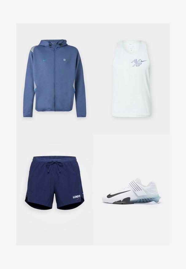 Sweat à capuche zippé bleu avec cordons réglables, petit logo Nike sur la poitrine gauche, et accents gris et bleus sur les épaules et les poches.; Haut de sport blanc sans manches en tissu perforé avec logo "N7" violet stylisé et Swoosh Nike sur la poitrine.; Short de running Nike bleu marine avec taille à cordon, poches latérales et « LONDON » imprimé au-dessus du logo Nike Swoosh sur la jambe gauche.; Baskets blanches avec le swoosh noir de Nike, tige en maille, trois rayures noires et une semelle dégradée allant du bleu au transparent. Présente des accents renforcés.