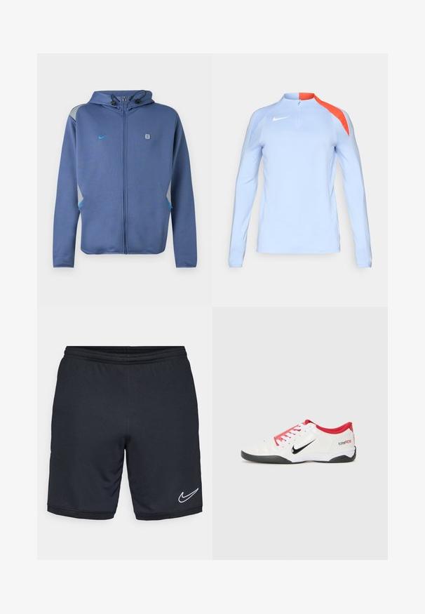 Blauwe hoodie met rits en capuchon met verstelbare koordjes, klein Nike-logo op de linkerborst, met grijze en blauwe accenten op schouders en zakken.; Lichtblauwe sporttop met lange mouwen en een kwartrits, met oranje accenten op de schouders en een klein wit Nike-logo op de borst.; Zwarte sport shorts van een gladde, lichte stof, met een elastische tailleband en een wit Nike-logo bij de zoom.; Witte sportieve schoen met rode accenten, zwart Swoosh-logo en gestructureerd ontwerp. Bevat witte veters en een zwarte buitenzool. Tekst leest "total90."
