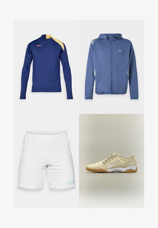Sudadera con capucha azul con cremallera, capucha con cordones ajustables, pequeño logo de Nike en el pecho izquierdo y detalles en gris y azul en los hombros y bolsillos.; Camiseta deportiva de manga larga en azul marino con un acento amarillo en el hombro, cuello con media cremallera y el logotipo de Nike en rojo en el pecho.; Pantalones cortos deportivos blancos con cintura elástica, ribete de malla y un logo de swoosh de Nike en color turquesa en la parte inferior derecha.; Zapatilla de fútbol sala beige con el logo blanco de Nike Swoosh, suela de goma, cordones y texto "total90 III" en el talón, mostrada de lado.