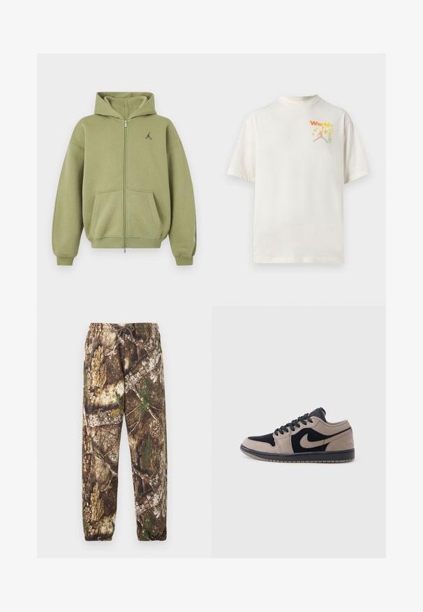 Sudadera con capucha verde oliva con cremallera, con bolsillos delanteros, puños y bajo de canalé, capucha y pequeño logo negro en la parte superior izquierda del pecho.; Camiseta blanca de manga corta con texto pequeño multicolor "World Tour" y silueta de una persona saltando rodeada de estrellas en el pecho.; Pantalones de chándal de camuflaje con un patrón natural en tonos marrón y verde, que cuentan con una cintura elástica con cordón y puños elásticos en los tobillos.; Zapatilla baja con paneles de cuero beige y negro, cordones negros y suela de goma, mostrada de perfil sobre un fondo blanco.