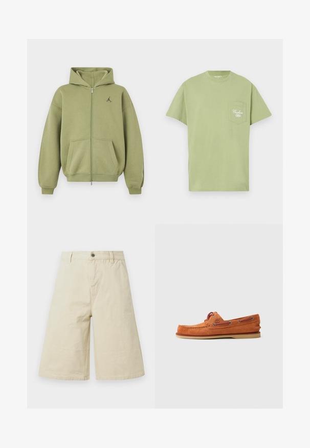 Sudadera con capucha verde oliva con cremallera, con bolsillos delanteros, puños y bajo de canalé, capucha y pequeño logo negro en la parte superior izquierda del pecho.; Camiseta de algodón verde claro con mangas cortas, cuello redondo y un bolsillo en el pecho con texto bordado en blanco. Diseño simple y sin adornos.; Pantalones cortos beige de pierna ancha hasta la rodilla con presillas para cinturón, botón frontal, cierre de cremallera y bolsillos laterales.; Zapato náutico de ante naranja con punta redondeada, cordones en contraste, costura decorativa y suela de goma. Vista lateral con detalles mínimos.