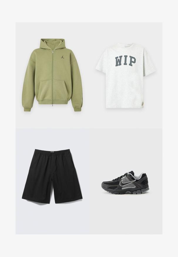 Olive green zip-up hoodie with front pockets, ribbed cuffs and hem, hood, and small black logo on upper left chest.; Light gray short-sleeve T-shirt with "WIP" in large black letters across the chest and a small logo tag near the hem.; Black loose-fit shorts with elastic waistband and side pockets, displayed on a light gray background.; Black athletic shoe with mesh panels and synthetic accents. Features a rounded toe, thick cushioned sole, and contrasting white logo details.