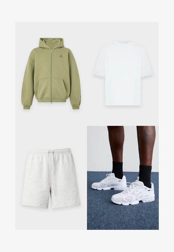 Olivgrüner Kapuzenpullover mit Reißverschluss, Fronttaschen, gerippten Bündchen und Saum, Kapuze und kleinem schwarzem Logo auf der oberen linken Brust.; Hellblaues kurzärmliges T-Shirt aus Baumwolle mit rundem Ausschnitt. Verfügt über ein kleines weißes Jordan-Logo auf der Brust.; Hellgraue Baumwollshorts mit elastischem Bund und verstellbarem Kordelzug. Verziert mit einem weißen Logoakzent an der unteren linken Seite.; Weiße Sportschuhe mit Mesh-Obermaterial, strukturierten Akzenten und gepolsterter Sohle. Kombieirt mit schwarzen gerippten Knöchelsocken auf einer blauen Teppichoberfläche.