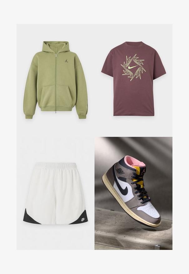 Olifgroene hoodie met rits, voorzakken, geribbelde manchetten en zoom, capuchon en klein zwart logo op de bovenste linkerborst.; Korte mouw bordeauxrood T-shirt met een neongeel abstract spikkelvormig cirkeldesign en een centraal swoosh-logo op de borst.; Witte sportshorts met een elastische tailleband en zwarte driehoekige panelen bij de pijpen, met een wit Nike-logo aan de rechterkant.; Hoog-top Nike Air Jordan sneaker in wit, grijs en zwart met een roze interieur en gele tong, geplaatst op een betonnen oppervlak.