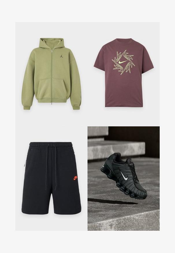 Sweat à capuche zippé vert olive avec poches avant, poignets et ourlet côtelés, capuche et petit logo noir sur la partie supérieure gauche de la poitrine.; T-shirt à manches courtes bordeaux avec un design abstrait circulaire pointu en jaune néon et un logo swoosh central sur la poitrine.; Shorts noirs Nike avec ceinture élastique, cordon de serrage, poches latérales et petit logo Nike orange sur la cuisse gauche.; Baskets de sport Nike en vert foncé, dotées d'une tige en synthétique lisse, d'une texture en maille, de lacets noirs et d'une semelle brillante avec amorti à air.