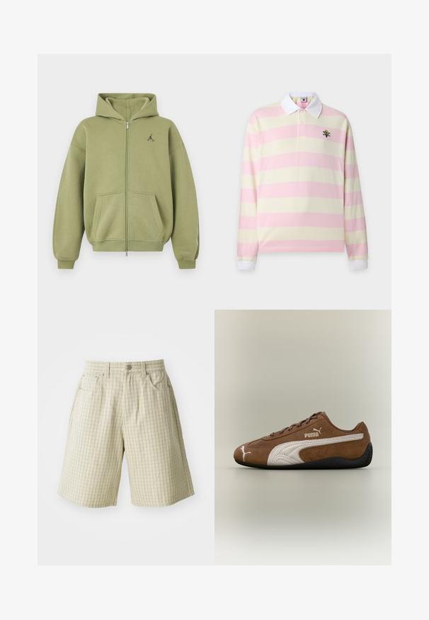 Sweat à capuche zippé vert olive avec poches avant, poignets et ourlet côtelés, capuche et petit logo noir sur la partie supérieure gauche de la poitrine.; Polo manches longues avec larges rayures horizontales roses et crème, col et poignets blancs, et un petit logo brodé coloré sur la poitrine.; Shorts à carreaux beiges en tissu léger, dotés de deux poches latérales, d'une fermeture à bouton et d'un design décontracté.; Baskets en daim marron avec des accents blancs et un design texturé. Elles disposent d'une semelle en caoutchouc noire et d'un logo Puma proéminent sur le côté.