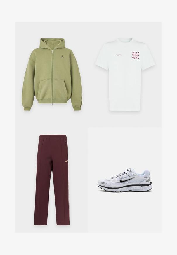 Sweat à capuche zippé vert olive avec poches avant, poignets et ourlet côtelés, capuche et petit logo noir sur la partie supérieure gauche de la poitrine.; T-shirt en coton blanc avec un graphique rouge "NIKE" et un texte sur le côté gauche de la poitrine. Manches courtes et col rond, texture lisse.; Pantalons de survêtement bordeaux avec une texture lisse, poches latérales zippées et une bande blanche avec du texte le long des coutures extérieures. Logo Nike en doré.; Baskets de course blanches avec une tige en mesh, bout arrondi, accents noirs et semelle à motif. Comprend des lacets et une marque sur le côté.