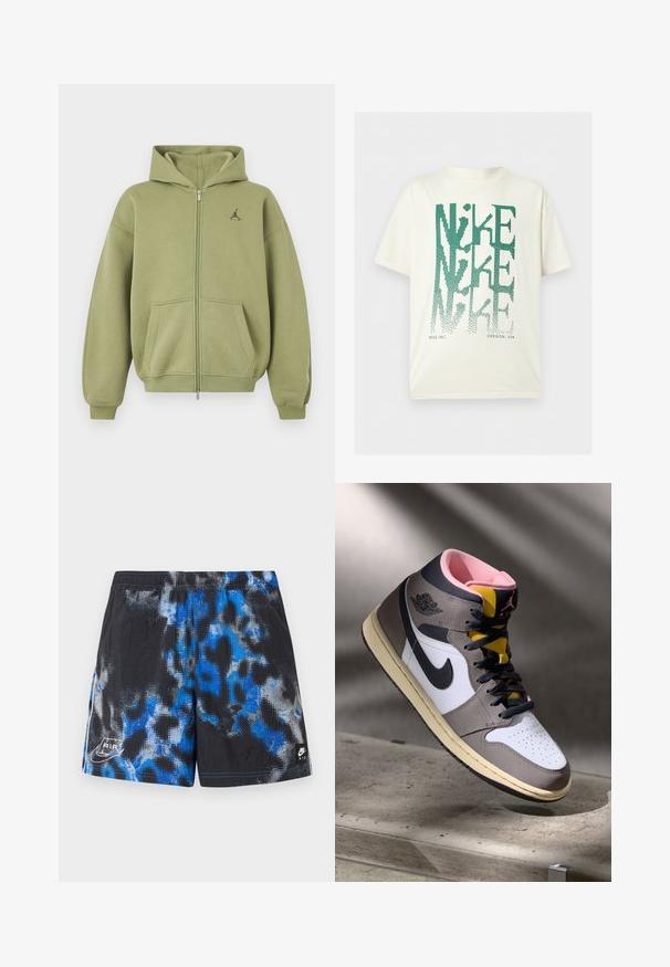 Sudadera con capucha verde oliva con cremallera, con bolsillos delanteros, puños y bajo de canalé, capucha y pequeño logo negro en la parte superior izquierda del pecho.; Camiseta blanca de manga corta con texto grande verde distorsionado "NIKE" apilado verticalmente y texto pequeño "NIKE INC. OREGON, USA" en la parte inferior.; Pantalones cortos deportivos negros con un patrón abstracto azul y gris, cintura elástica y logotipos de Nike Air en las partes inferiores izquierda y derecha.; Zapatilla alta Nike Air Jordan en blanco, gris y negro, con interior rosa y lengüeta amarilla, colocada sobre una superficie de concreto.