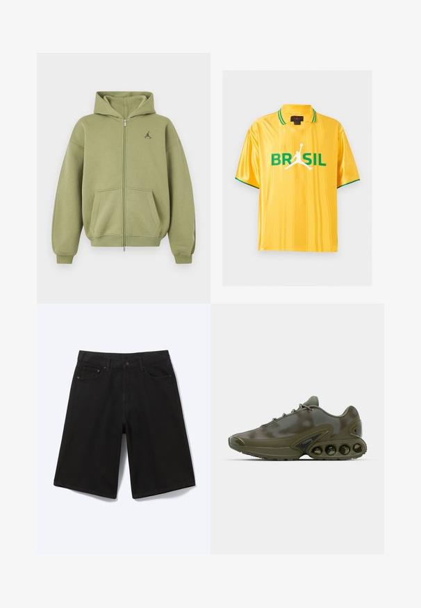 Olivgrüner Kapuzenpullover mit Reißverschluss, Fronttaschen, gerippten Bündchen und Saum, Kapuze und kleinem schwarzem Logo auf der oberen linken Brust.; Gelbes kurzärmeliges Sporttrikot mit grüner Einfassung am Kragen und an den Ärmeln, Schriftzug „BRASIL“ und weißes Basketballspieler-Silhouettenlogo auf der Vorderseite.; Schwarze knielange Jeansshorts mit Frontknopf, Gürtelschlaufen und fünf Taschen, dargestellt vor weißem Hintergrund.; Dunkelgrüner Sportschuh mit einer strukturierten Oberseite, Schnürverschluss und einer auffälligen Sohle, die sechs sichtbare Luftpolsterungseinheiten aufweist.
