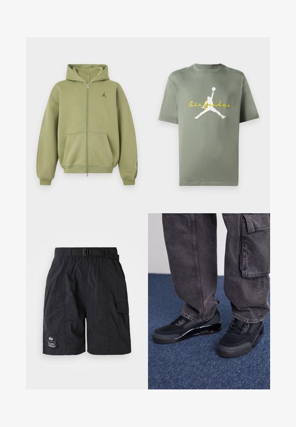 Sudadera con capucha verde oliva con cremallera, con bolsillos delanteros, puños y bajo de canalé, capucha y pequeño logo negro en la parte superior izquierda del pecho.; Camiseta de algodón verde oliva con cuello redondo, que presenta un logo blanco de Air Jordan y texto amarillo debajo. Manga corta, ajuste relajado.; Pantalones cortos cargo negros hechos de tela ligera. Cuentan con una cintura elástica con cinturón, bolsillo lateral y una parche con logo en la pierna izquierda.; Zapatillas deportivas negras con una superficie texturizada, acentos suaves y una suela gruesa, combinadas con pantalones cargo oscuros y holgados.