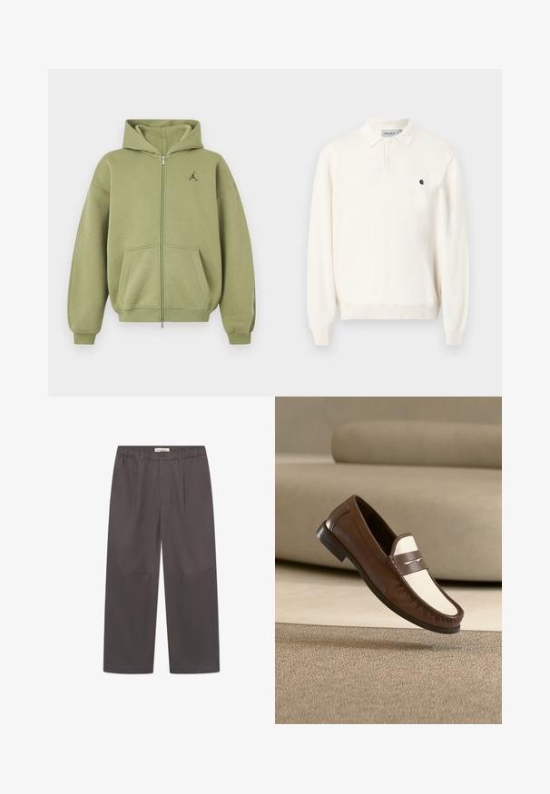 Olivgrüner Kapuzenpullover mit Reißverschluss, Fronttaschen, gerippten Bündchen und Saum, Kapuze und kleinem schwarzem Logo auf der oberen linken Brust.; Off-White Langarm-Poloshirt mit zwei Knöpfen, gerippten Bündchen, Kragen und kleinem schwarzem Carhartt-Logo auf der linken Brust.; Graue, weite Hosen aus glattem Stoff, mit einem Knopfverschluss und zwei seitlichen Taschen. Einfaches, klares Design ohne sichtbare Muster.; Brauner und weißer Ledermokassin, der über einem beigen Teppich schwebt, mit einem verschwommenen beigen Sofa im Hintergrund.