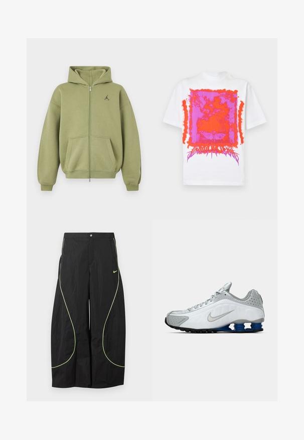 Sudadera con capucha verde oliva con cremallera, con bolsillos delanteros, puños y bajo de canalé, capucha y pequeño logo negro en la parte superior izquierda del pecho.; Camiseta blanca de manga corta con gráfico rectangular abstracto en rosa brillante y naranja y texto estilizado en la parte inferior central del delantero.; Pantalones anchos negros de Nike con ribete curvado en verde neón y pequeño logo de swoosh de Nike en el muslo derecho, cierre de botón y cremallera en la cintura.; Zapatilla de running Nike en blanco y gris con el swoosh plateado, unidades de suela azul en forma de resorte y banda de rodadura negra sobre un fondo liso.