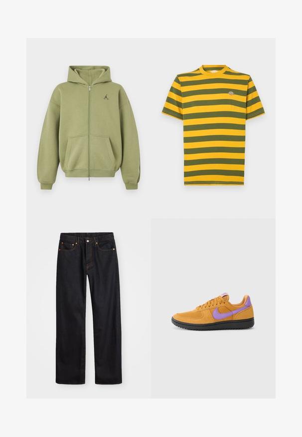 Sudadera con capucha verde oliva con cremallera, con bolsillos delanteros, puños y bajo de canalé, capucha y pequeño logo negro en la parte superior izquierda del pecho.; Camiseta de manga corta con rayas horizontales en amarillo y verde, con cuello redondo y un pequeño detalle de logo en el pecho. Material de algodón.; Jeans de mezclilla negros de pierna recta para hombre, con cinco bolsillos y costuras en color naranja, cierre de botón y cremallera en la parte delantera de la cintura.; Zapatillas de ante naranja con acentos morados, que cuentan con un diseño de cordones, puntera redonda y suela de goma negra texturizada.
