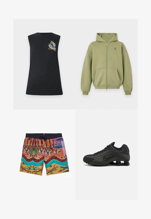 Olifgroene hoodie met rits, voorzakken, geribbelde manchetten en zoom, capuchon en klein zwart logo op de bovenste linkerborst.; Zwarte mouwloze T-shirt gemaakt van katoen, met een kleurrijke geborduurde afbeelding op de borst. Rechte snit met een ronde halslijn.; Kleurrijke shorts met woestijnlandschap met cowboys te paard, cactussen, hagedissen, kikkers en een kronkelende blauwe rivier onder een zwarte tailleband.; Zwarte hardloopschoenen met een glad bovenwerk van synthetisch materiaal, geperforeerde accenten, gestructureerde zijpanelen en een opvallende veerkrachtige zool.