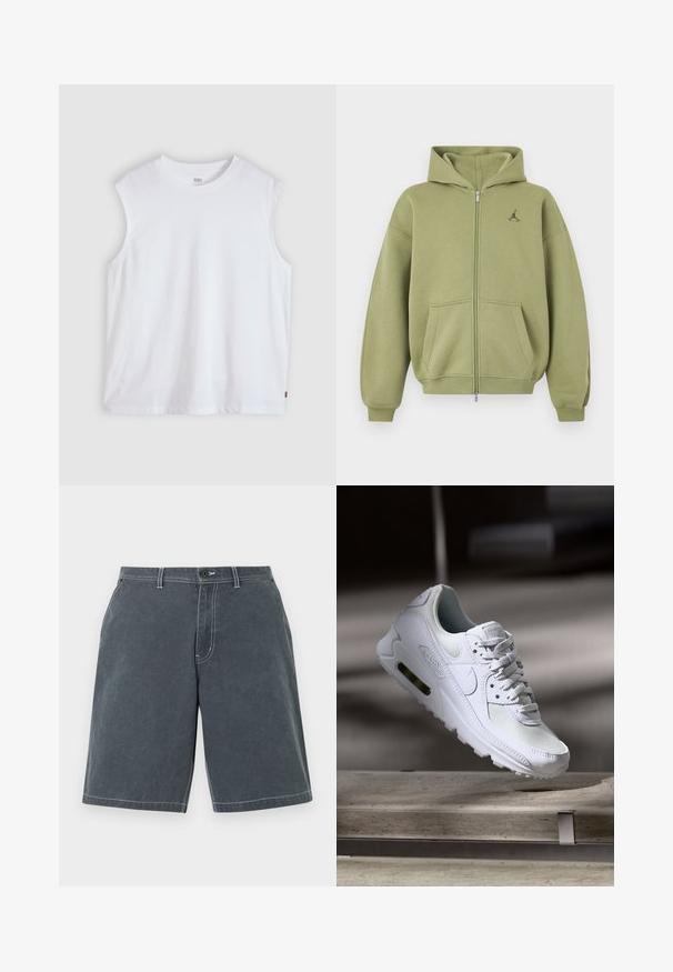 Sweat à capuche zippé vert olive avec poches avant, poignets et ourlet côtelés, capuche et petit logo noir sur la partie supérieure gauche de la poitrine.; T-shirt blanc sans manches à col rond avec une petite étiquette logo Levi's sur la couture latérale, présenté sur un fond clair uni.; Shorts en coton gris foncé avec bouton et fermeture éclair à l'avant, passants pour ceinture, poches latérales, et surpiqûres blanches visibles sur un fond uni.; Sneaker Nike Air Max 90 blanche avec une tige en mesh et cuir, une boîte à orteils perforée et une unité air visible au talon.